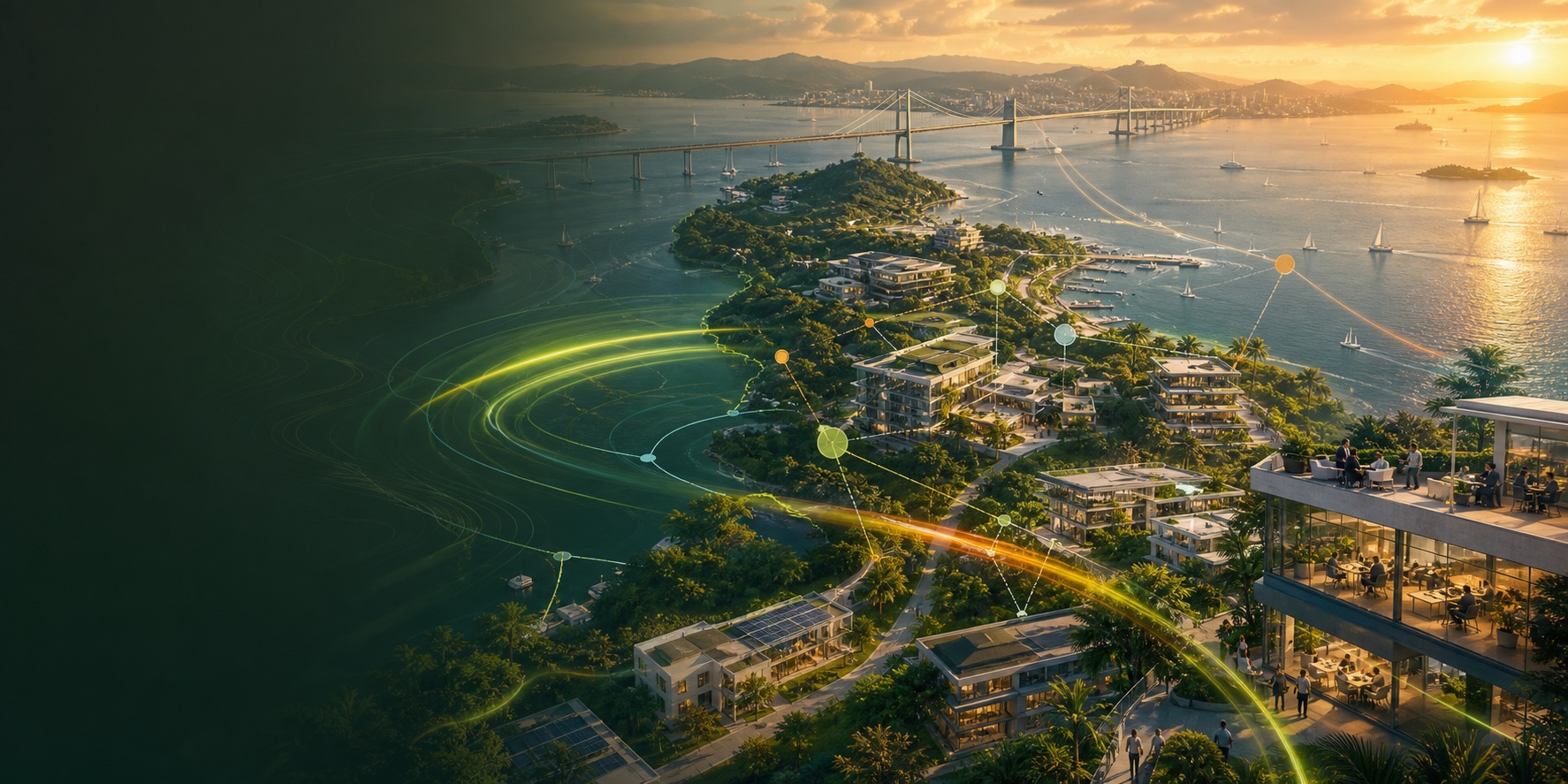 Semi-realistic panoramic illustration of Florianopolis as a connected technology ecosystem